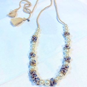 J. Crew Tie Juke  Necklace With Fax Pearls And Crystals Set in Gold Spacers